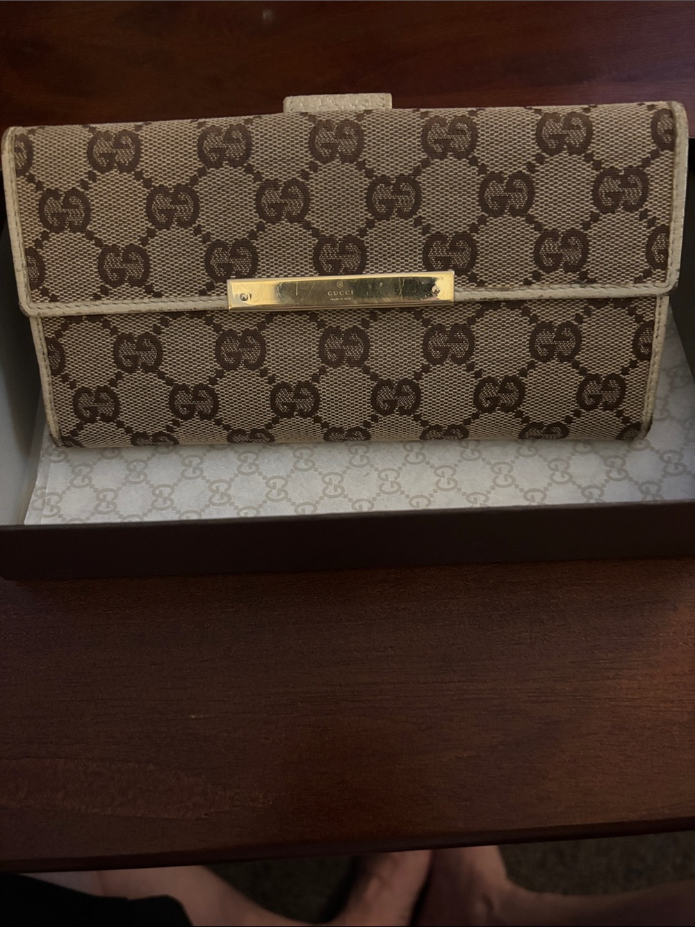 Gucci Beige and Brown GG Canvas Continental Wallet with Gold Plate